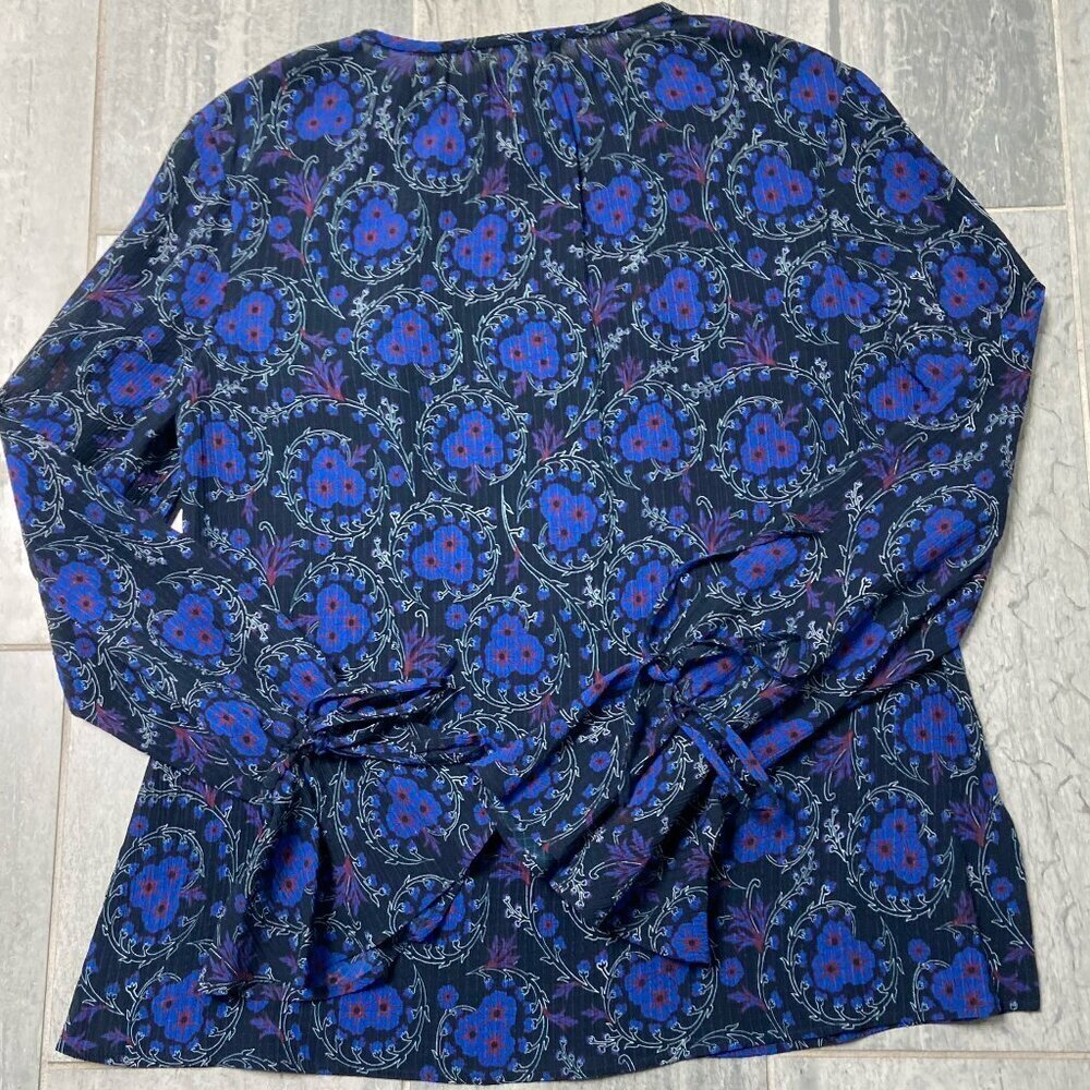 Derek Lam 10 Crosby Poet Floral Sheer Ruffle Sleeve Silk Blouse Blue Black Sz 6 - Picture 6 of 10
